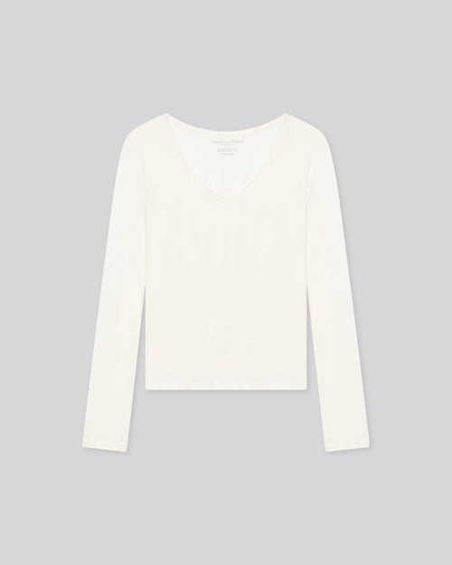 Milk V-Neck Long Sleeves T-Shirt in Cotton and Cashmere  - MAJESTIC FILATURES