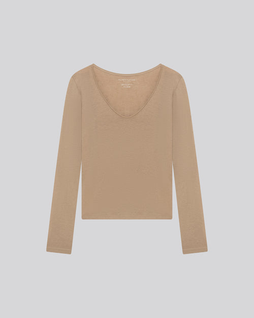 Beigefarbenes Langarm-T-Shirt mit V-Ausschnitt aus Bio-Baumwolle / Kaschmir - MAJESTIC FILATURES