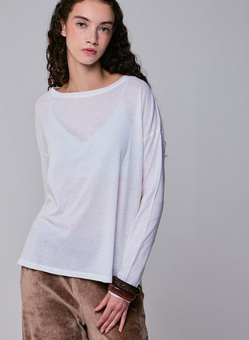 White Boat Neck Long Sleeves T-Shirt in Cotton and Cashmere - MAJESTIC FILATURES