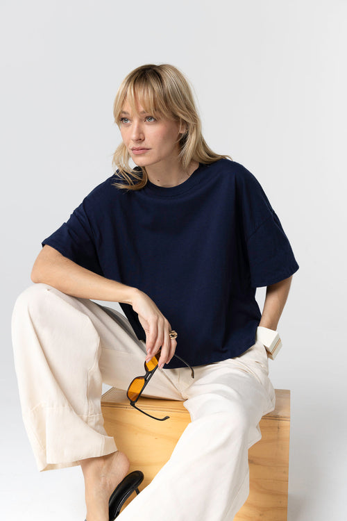 T-shirt Marine Col Rond Manches Courtes en Coton Organique - MAJESTIC FILATURES