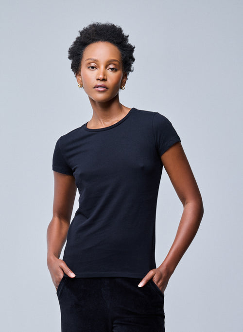 Jamie Round Neck T-shirt in white and in Deluxe Cotton.  Available on our e-shop. Secured payment. Customized customer service. - MAJESTIC FILATURES