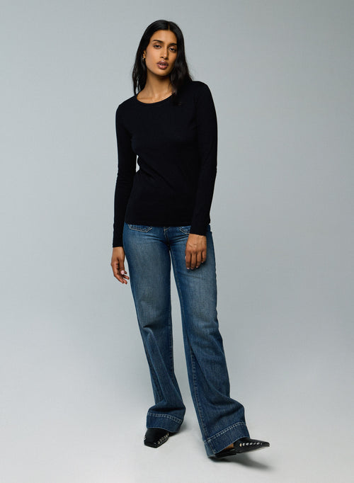 Black Deluxe Cotton Long Sleeve Round Neck T-Shirt - MAJESTIC FILATURES