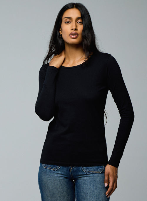 Black Deluxe Cotton Long Sleeve Round Neck T-Shirt - MAJESTIC FILATURES