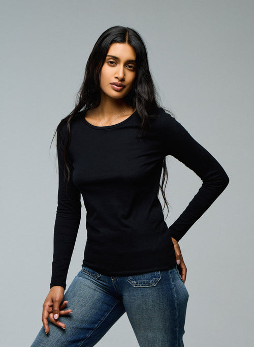 Black Deluxe Cotton Long Sleeve Round Neck T-Shirt - MAJESTIC FILATURES
