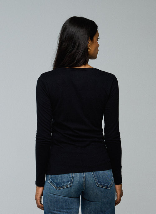 Black Deluxe Cotton Long Sleeve Round Neck T-Shirt - MAJESTIC FILATURES