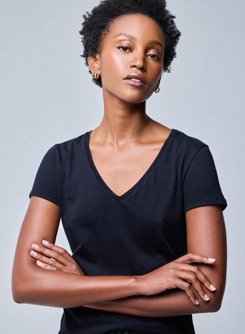 Julia T-Shirt V-Ausschnitt  kurze Ärmel aus Deluxe-Baumwolle - MAJESTIC FILATURES