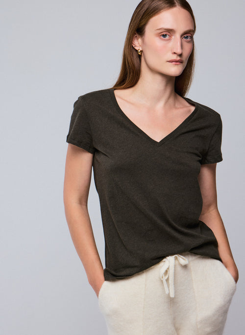 Green Julia V-neck Short Sleeves T-shirt in Organic Cotton - MAJESTIC FILATURES