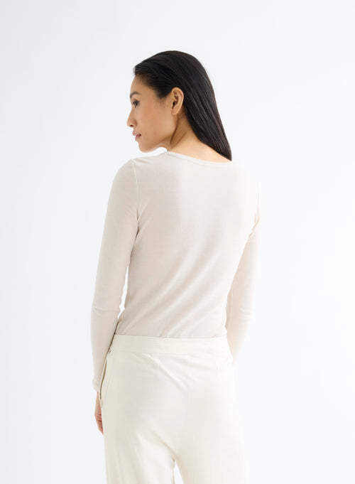 Ecru Round Neck Long Sleeve Cotton and Cashmere T-Shirt - MAJESTIC FILATURES