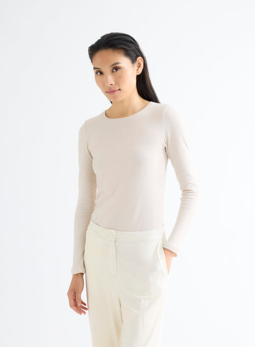 Ecru Round Neck Long Sleeve Cotton and Cashmere T-Shirt - MAJESTIC FILATURES