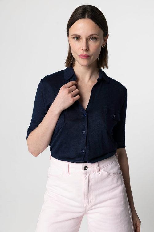 Chemise Marine Manches Coudes en Lin / Elasthanne - MAJESTIC FILATURES