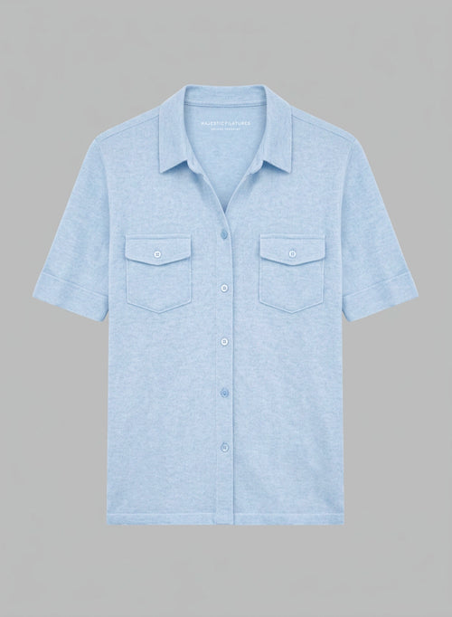 Chemise Bleu Clair Col Chemise Manches trois quarts en Lin / Elasthanne - MAJESTIC FILATURES