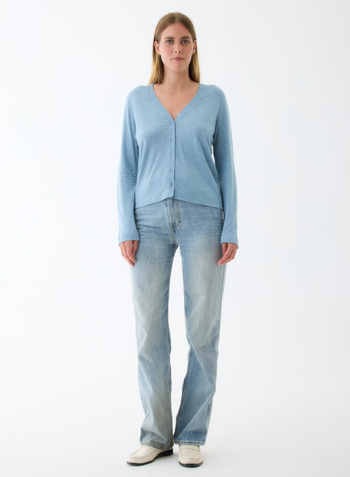 Gilet Bleu Col V Manches Longues en Lin / Elasthanne - MAJESTIC FILATURES