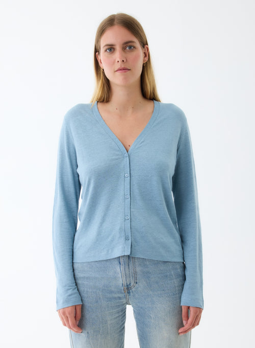 Blaue Strickjacke mit V-Ausschnitt und langen Ärmeln aus Leinen / Elasthan - MAJESTIC FILATURES