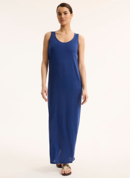 Robe Bleu Col Rond Sans Manches - MAJESTIC FILATURES