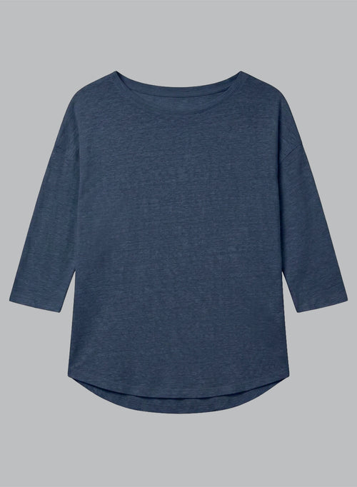 Dark Blue Boatneck Three-Quarter-Sleeve T-shirt in Linen / Elastane - MAJESTIC FILATURES