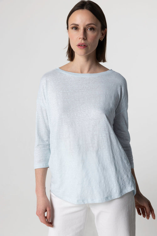 T-shirt Bleu Clair Col Bateau Manches Trois quarts en Lin / Elasthanne - MAJESTIC FILATURES
