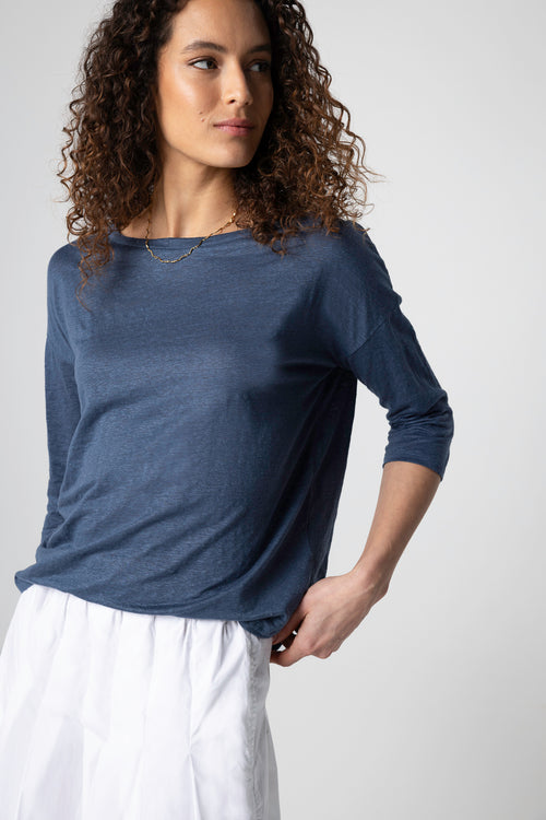 T-shirt Bleu Foncé Col Bateau Manches Trois quarts en Lin / Elasthanne - MAJESTIC FILATURES