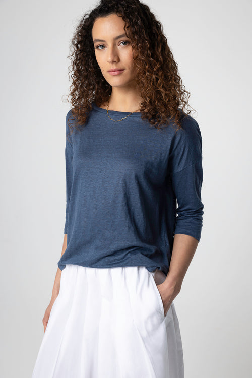 Dark Blue Boatneck Three-Quarter-Sleeve T-shirt in Linen / Elastane - MAJESTIC FILATURES