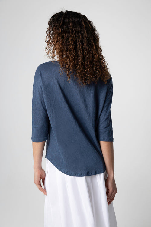 Dark Blue Boatneck Three-Quarter-Sleeve T-shirt in Linen / Elastane - MAJESTIC FILATURES