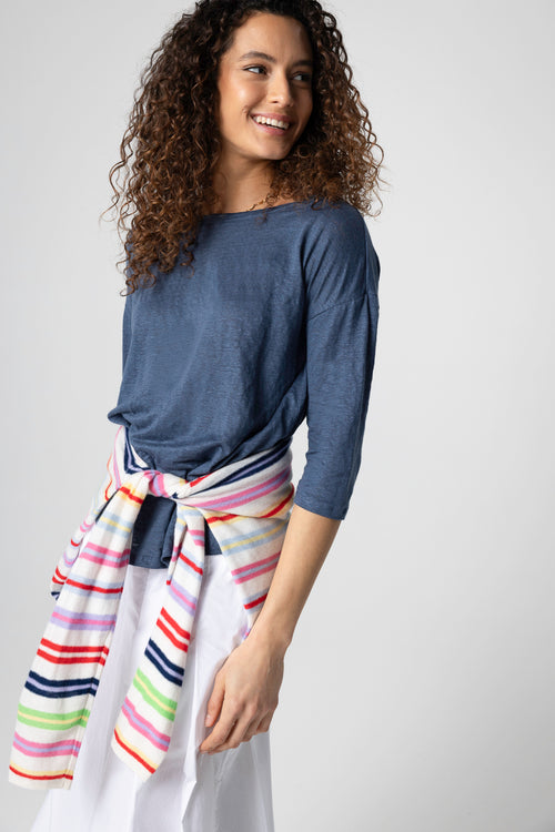 Dark Blue Boatneck Three-Quarter-Sleeve T-shirt in Linen / Elastane - MAJESTIC FILATURES