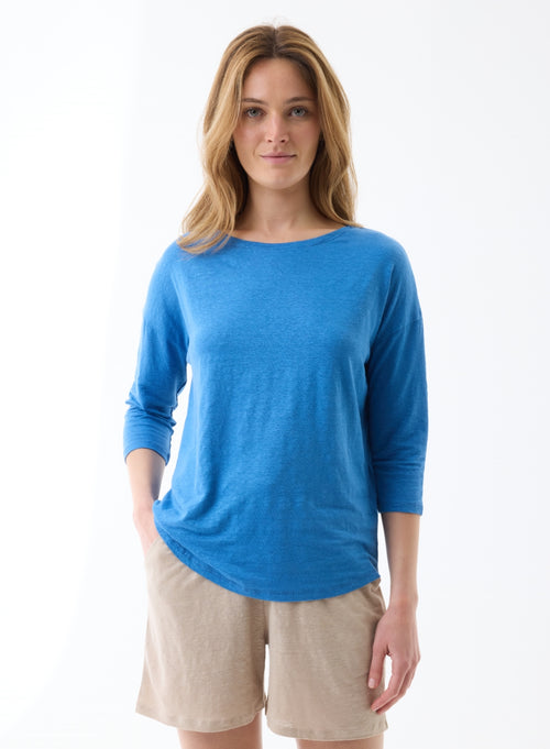 T-Shirt Blau U-Boot-Ausschnitt Dreiviertelärmel aus Leinen / Elasthan - MAJESTIC FILATURES