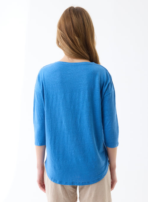 T-Shirt Blau U-Boot-Ausschnitt Dreiviertelärmel aus Leinen / Elasthan - MAJESTIC FILATURES