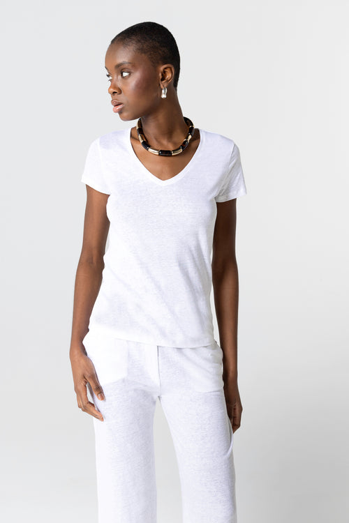 Camiseta blanca de manga corta de lino / elastano con cuello en V - MAJESTIC FILATURES