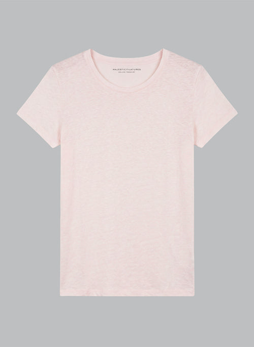 T-Shirt mit Rundhalsausschnitt und kurzen Ärmeln aus Leinen/Elasthan in Rosa - MAJESTIC FILATURES