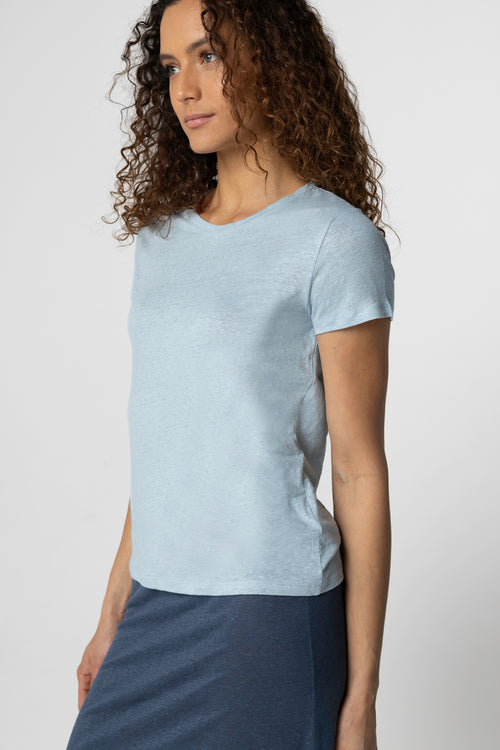 T-shirt bleu clair Col Rond Manches Courtes en Lin / Elasthanne - MAJESTIC FILATURES