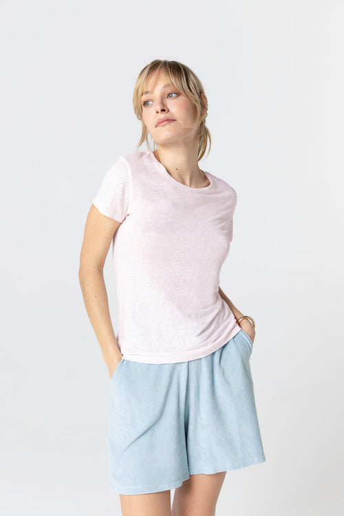 T-shirt Rose Col Rond Manches Courtes en Lin / Elasthanne - MAJESTIC FILATURES