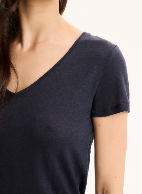 Navy Short Sleeve V-neck Linen and Elastane T-shirt - MAJESTIC FILATURES