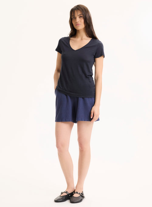 Navy Short Sleeve V-neck Linen and Elastane T-shirt - MAJESTIC FILATURES