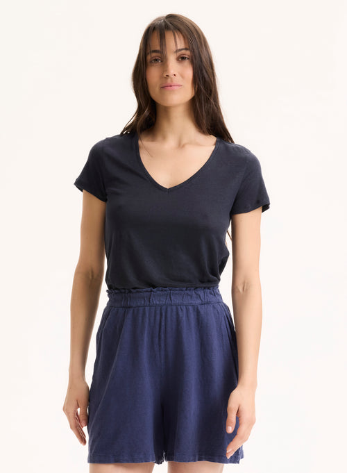 Navy Short Sleeve V-neck Linen and Elastane T-shirt - MAJESTIC FILATURES