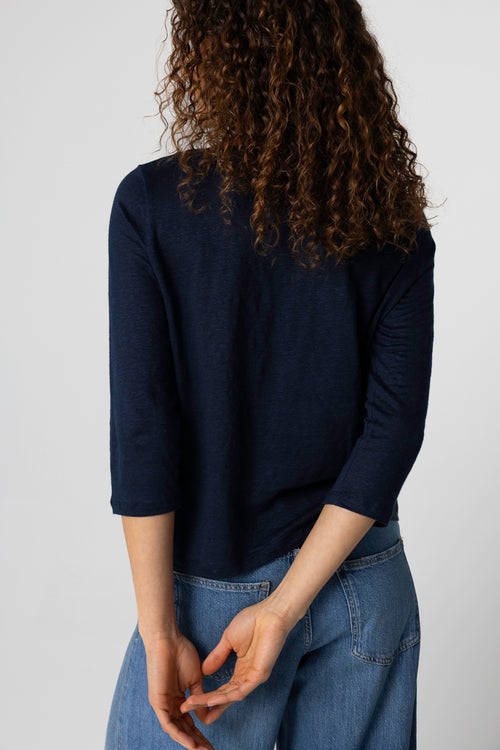 T-shirt Marine Col Bateau Manches Trois quarts en Lin / Elasthanne - MAJESTIC FILATURES