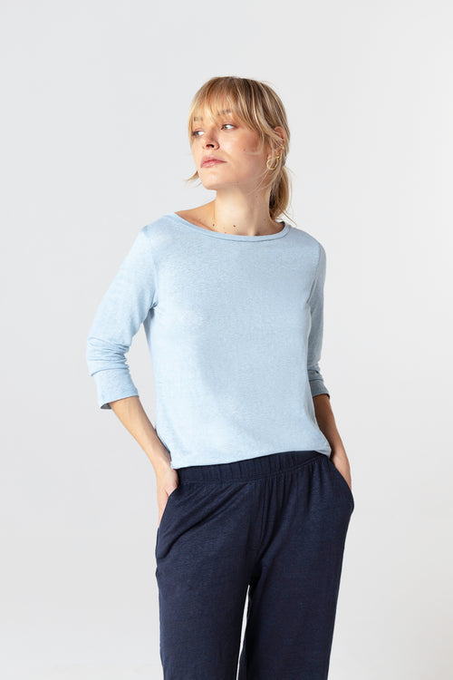 T-shirt Bleu Clair Col Bateau Manches Trois quarts en Lin / Elasthanne - MAJESTIC FILATURES