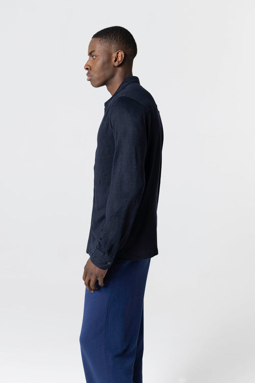 Langärmliges Hemd aus Leinen/Elasthan in Marineblau - MAJESTIC FILATURES