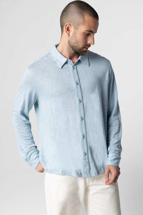 Hemd mit Kragen und langen Ärmeln aus Leinen/Elasthan in Hellblau  - MAJESTIC FILATURES