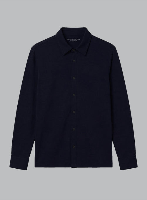 Navy Long-Sleeve Collared Shirt in Linen / Elastane - MAJESTIC FILATURES