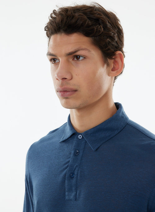 Blue Long Sleeve Polo Shirt in Linen, Elastane - MAJESTIC FILATURES