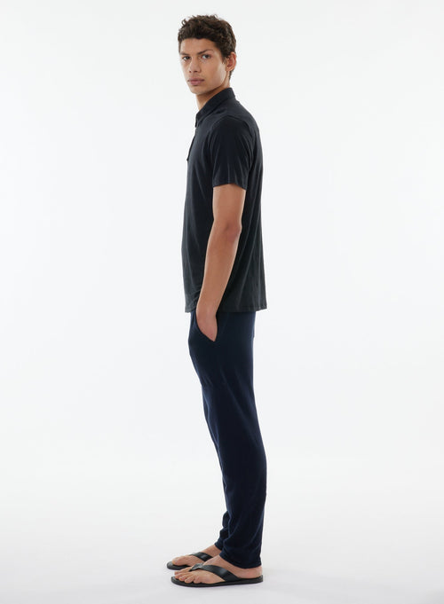 Black Short Sleeve Polo Shirt in Linen, Elastane - MAJESTIC FILATURES