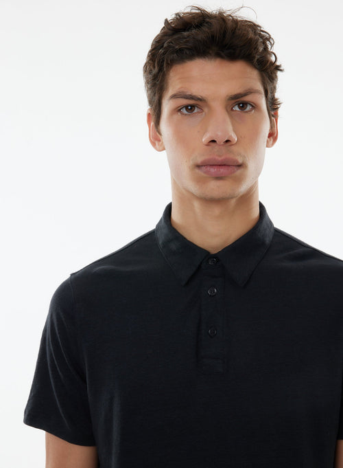 Black Short Sleeve Polo Shirt in Linen, Elastane - MAJESTIC FILATURES