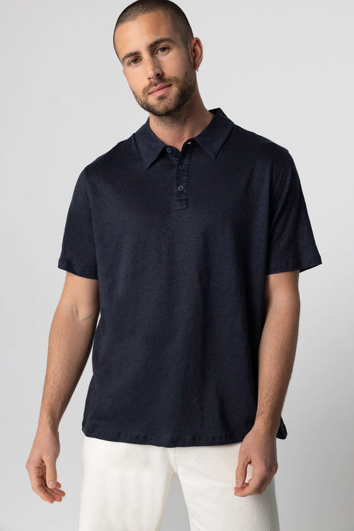 Navy Short-Sleeve Polo in Linen / Elastane - MAJESTIC FILATURES