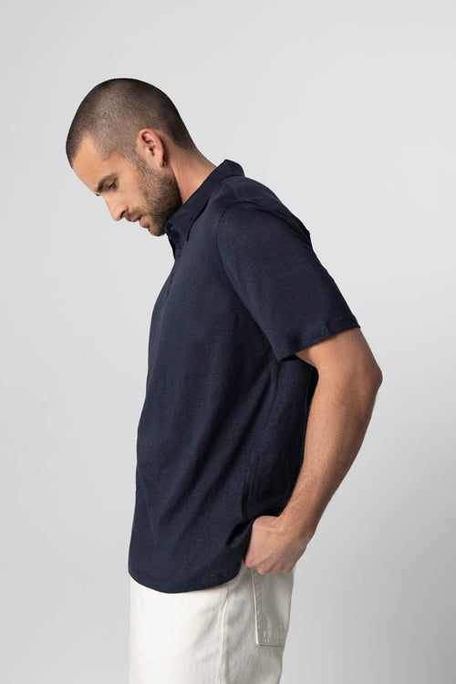 Navy Short-Sleeve Polo in Linen / Elastane - MAJESTIC FILATURES