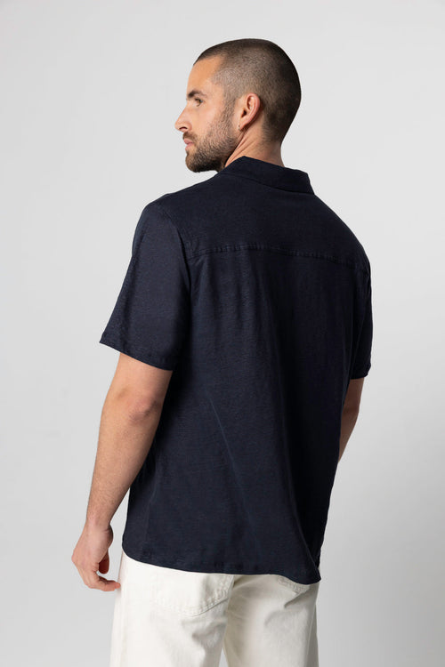 Navy Short-Sleeve Polo in Linen / Elastane - MAJESTIC FILATURES