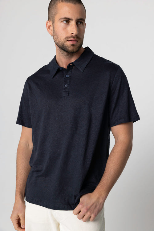 Navy Short-Sleeve Polo in Linen / Elastane - MAJESTIC FILATURES