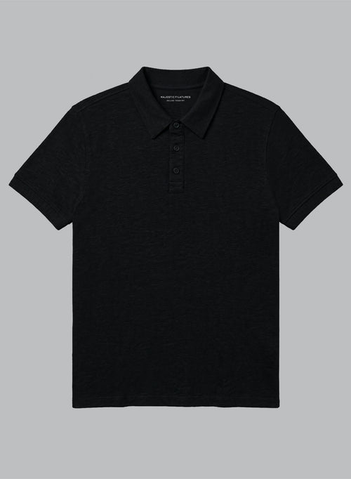 Black Short Sleeve Polo Shirt in Linen, Elastane - MAJESTIC FILATURES