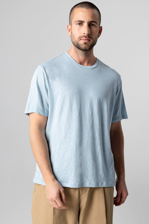 T-Shirt mit Rundhalsausschnitt und kurzen Ärmeln aus Leinen/Elasthan in Blau Calanques - MAJESTIC FILATURES
