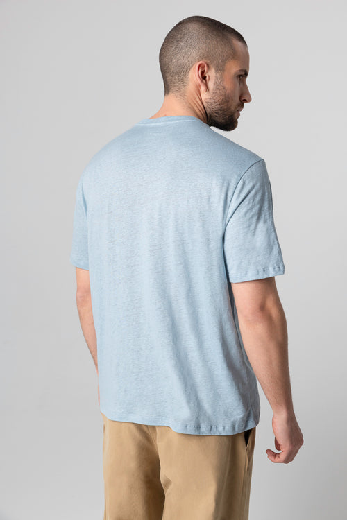 T-Shirt mit Rundhalsausschnitt und kurzen Ärmeln aus Leinen/Elasthan in Blau Calanques - MAJESTIC FILATURES