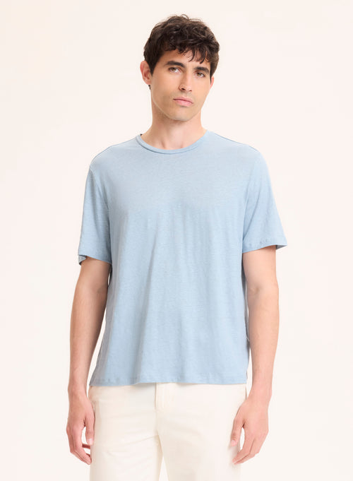 Tee shirt Bleu Col Rond Manches Courtes en Lin / Elasthanne - MAJESTIC FILATURES