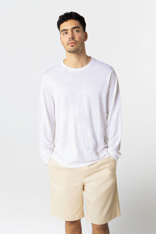 White Long Sleeve Crew Neck T-Shirt in Linen / Elastane - MAJESTIC FILATURES